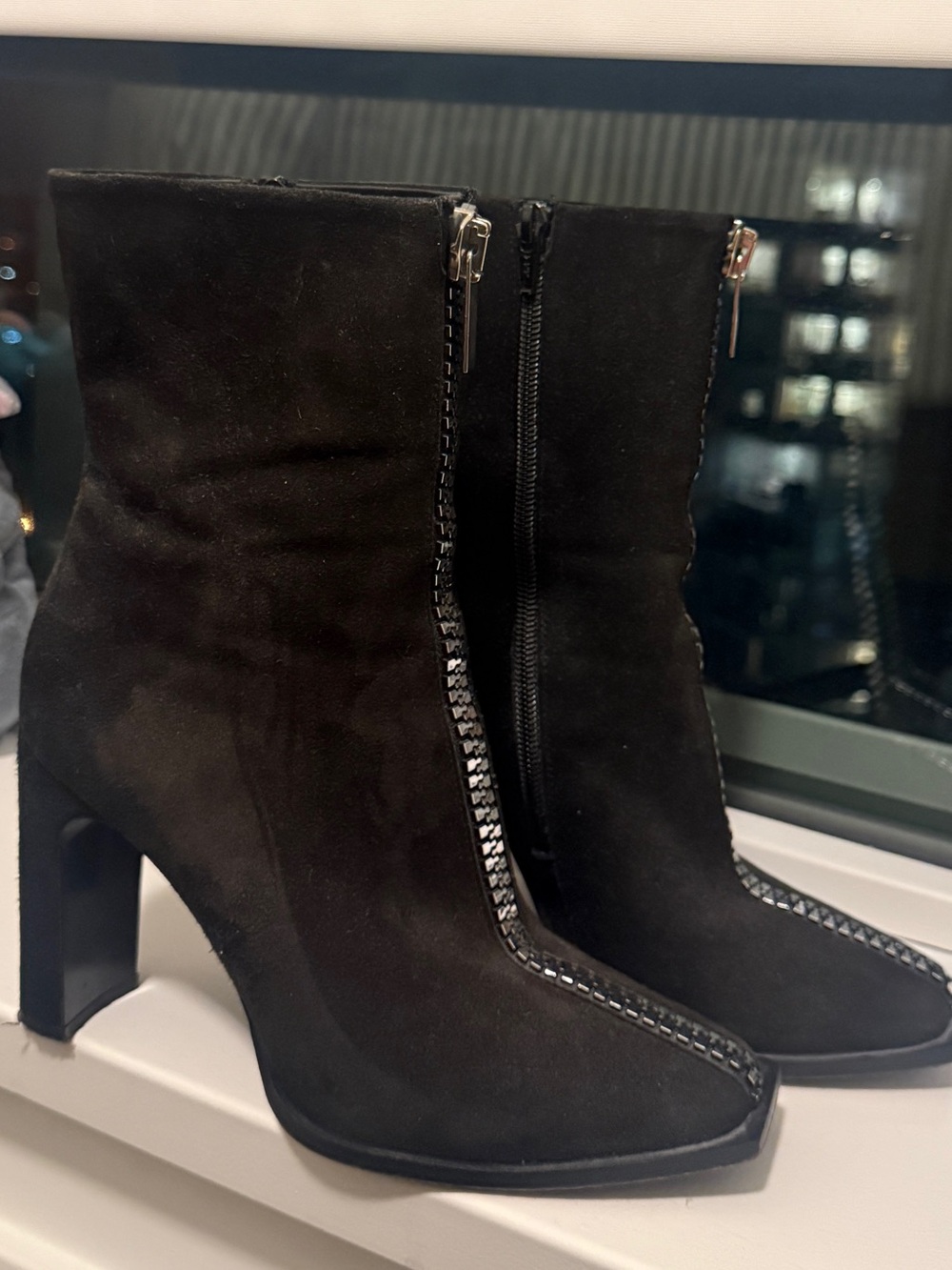 Black Suede Zip-Trim Ankle Booties